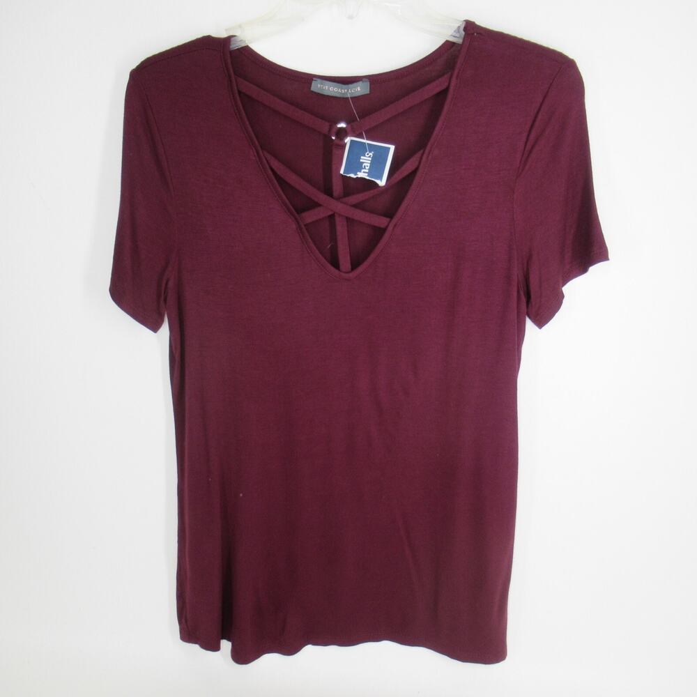 West Coast Love Top Women Large Burgundy Rayon Short Sleeve Front Straps